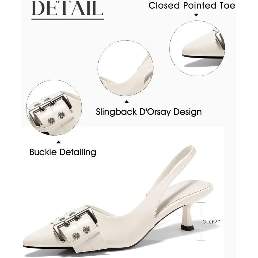 Women's Beige Slingback Kitten Low Heel Closed Pointed Toe Pumps D’Orsay Buckle